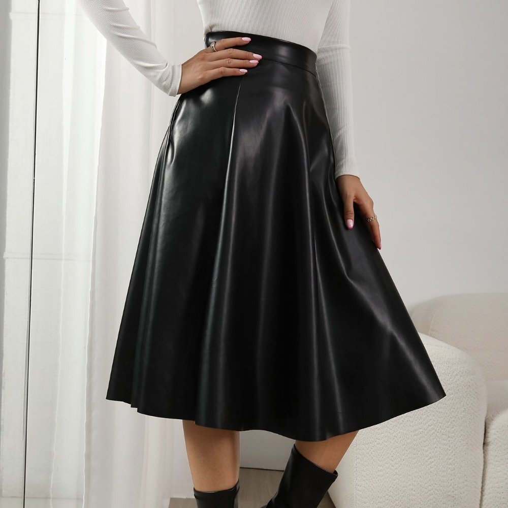 Black Preppy Womens High Waist Slant Pocket PU Skirt - Picture 4 of 5